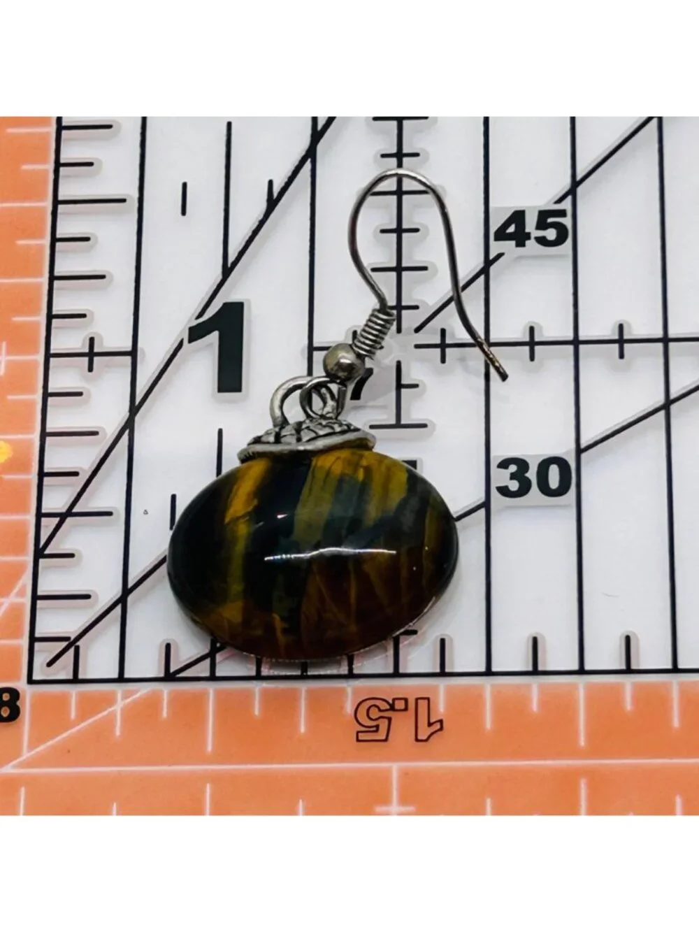 Tiger's Eye Dangle Drop Earrings Oval Gemstone Silver Tone Accents Modernist